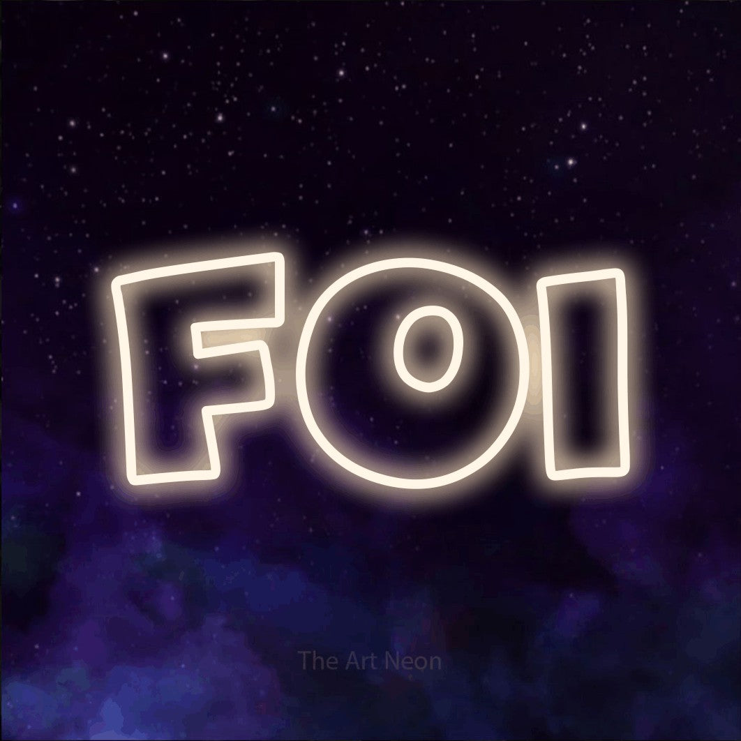 “Foi” LED neon sign in warm white, with wide lettering with irregular outlines, shown against a purple galaxy backdrop.