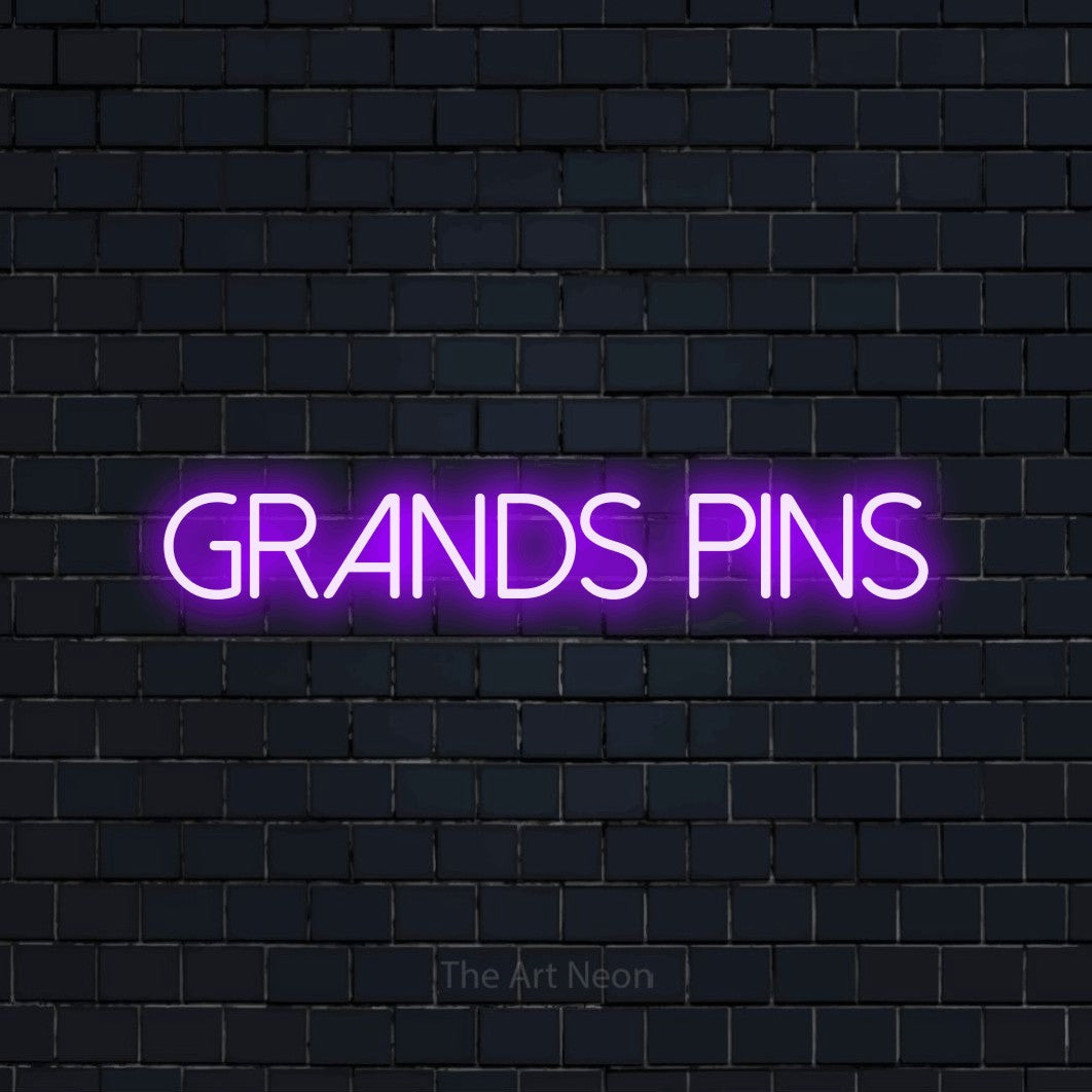 “Grands pins” LED neon sign in purple, with thin sans-serif lettering, shown against a dark navy brick wall.