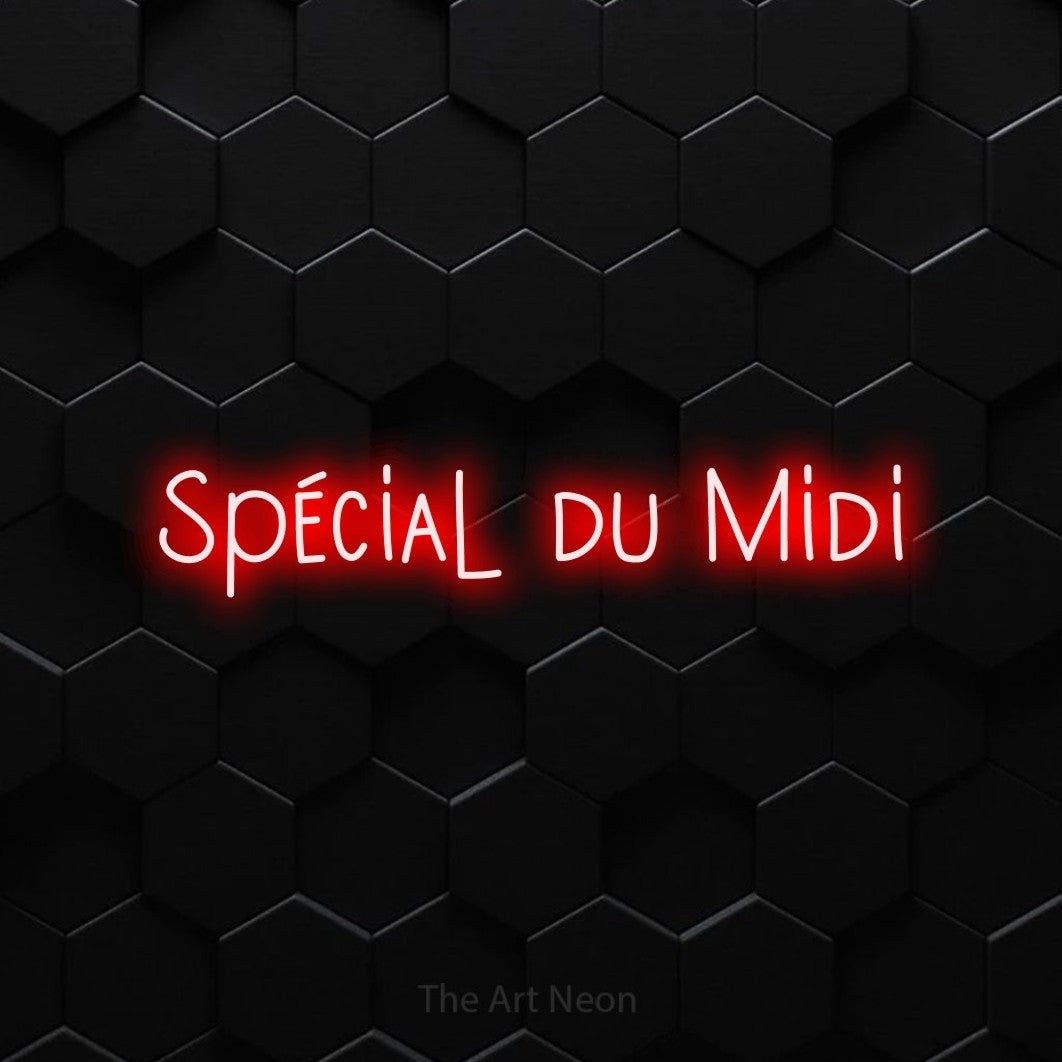 “Spécial du midi” LED neon sign in red, with narrow hand-drawn lettering, shown against black hexagonal wall tiles.
