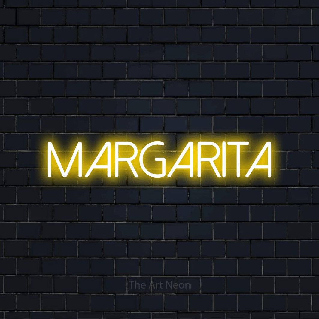“Margarita” LED neon sign in yellow, with thin sans-serif lettering, shown against a dark navy brick wall.