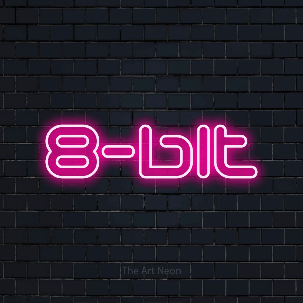 “8-bit” LED neon sign in hot pink, with futuristic double-line lettering, shown against a dark navy brick wall.