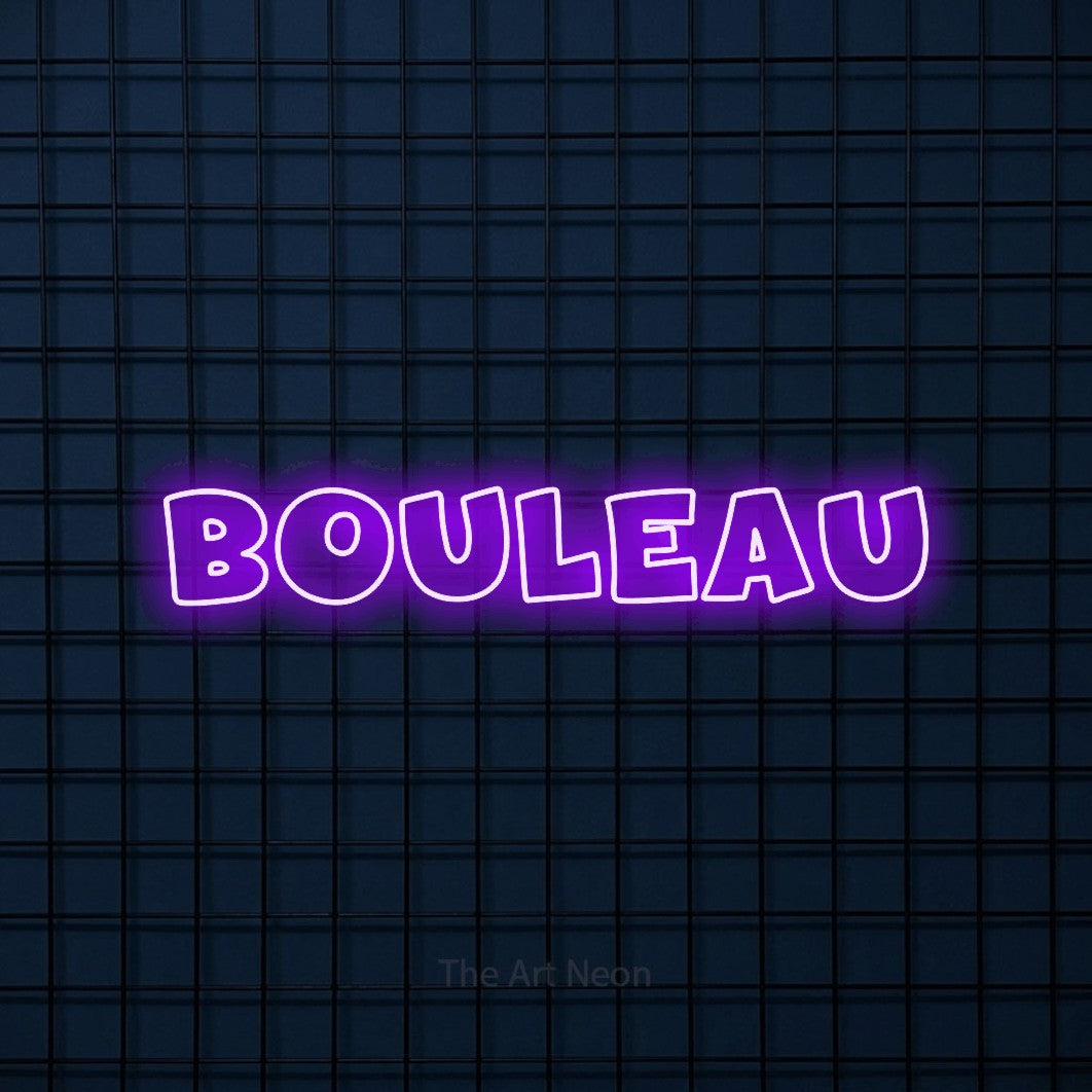 “Bouleau” LED neon sign in purple, with wide lettering with irregular outlines, shown against a dark blue grid.