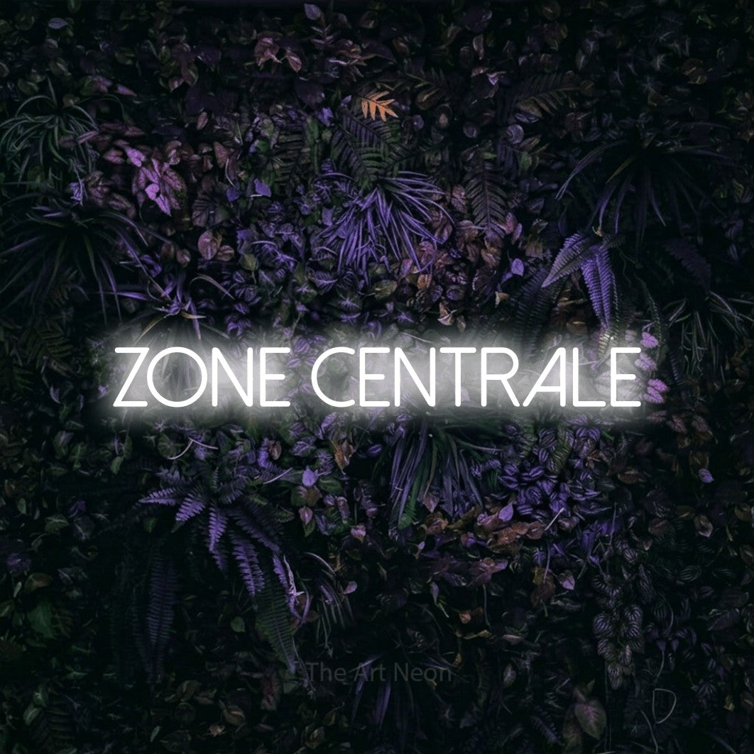 “Zone centrale” LED neon sign in cool white, with thin sans-serif lettering, shown against a dark wall with purple flowers.