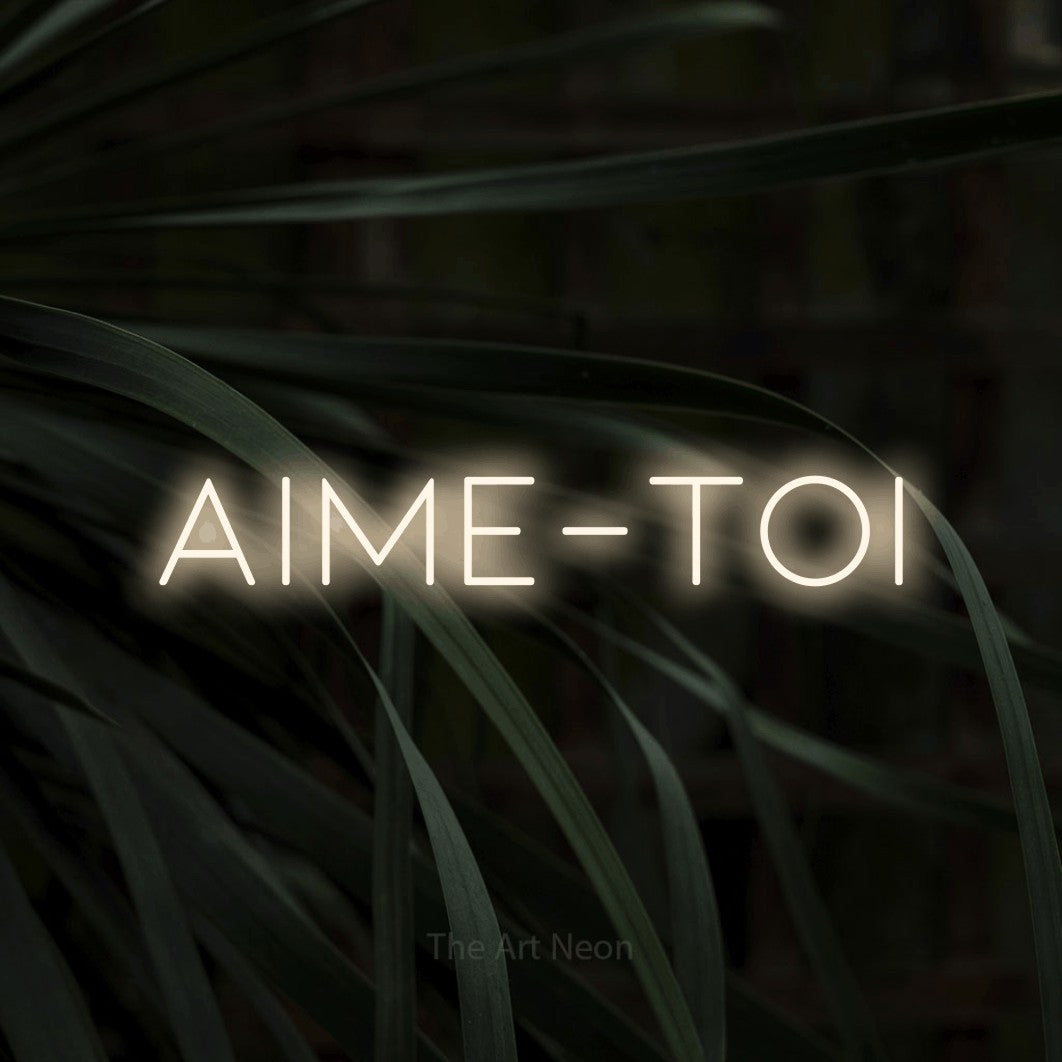 “Aime-toi” LED neon sign in warm white, with thin, widely spaced lettering, shown against a close-up of dark foliage.