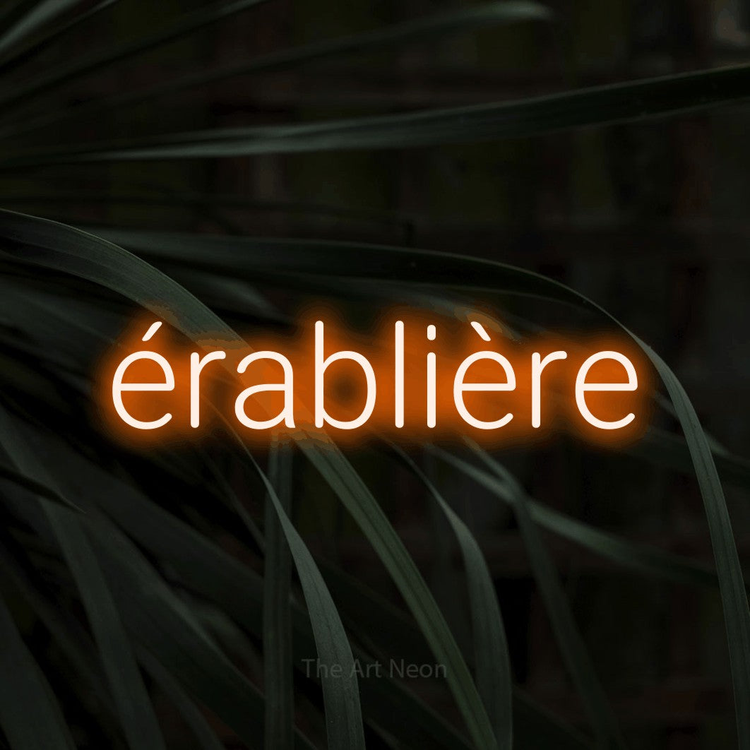 Décoration murale en néon LED « Érablière » en orange, en lettres sans empattement arrondies, installée sur un feuillage sombre en gros plan, pour une cabane à sucre.