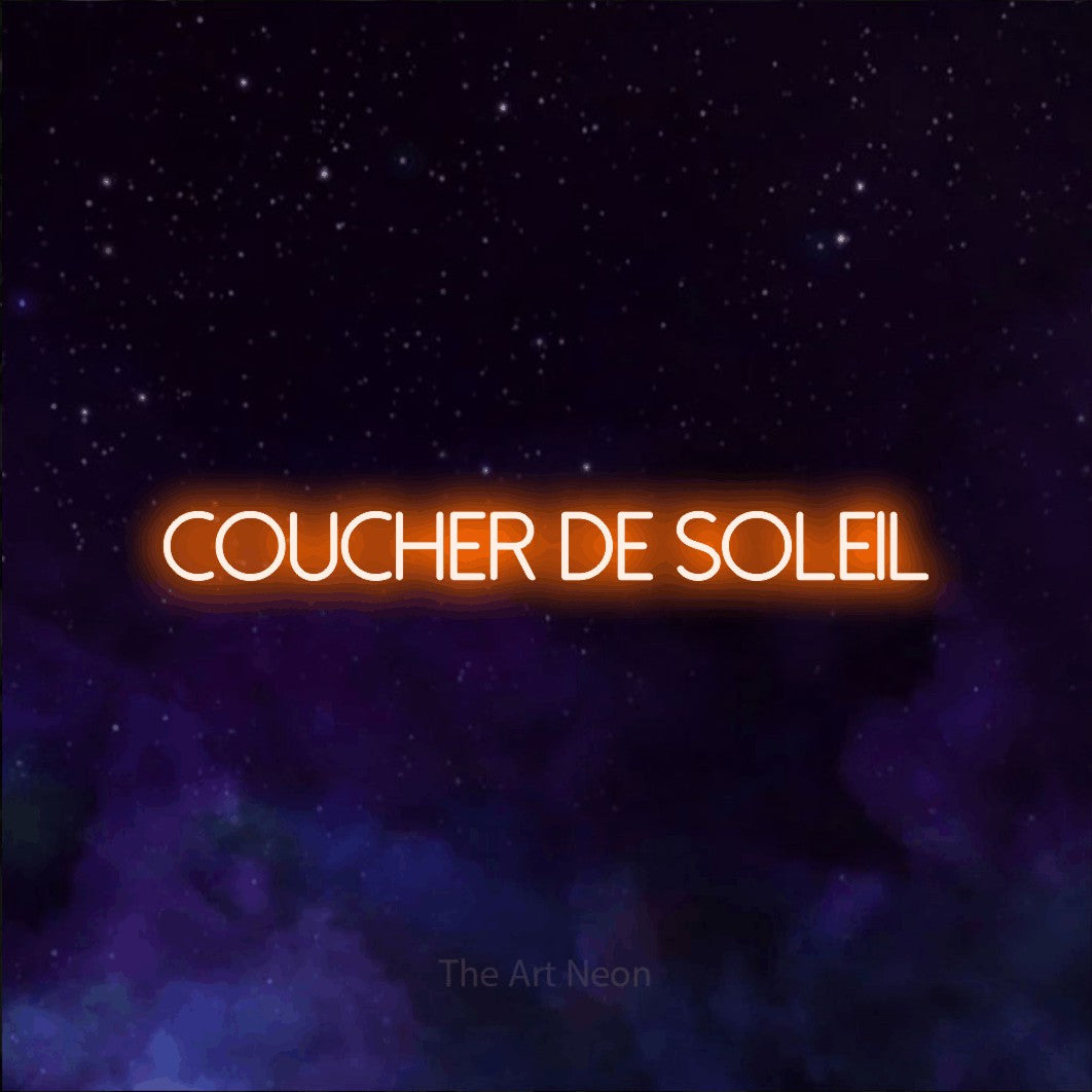 “Coucher de soleil” LED neon sign in orange, with thin sans-serif lettering, shown against a purple galaxy backdrop.