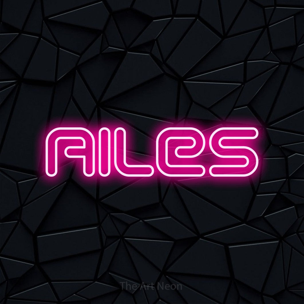 “Ailes” LED neon sign in hot pink, with futuristic double-line lettering, shown against a black polygonal surface.
