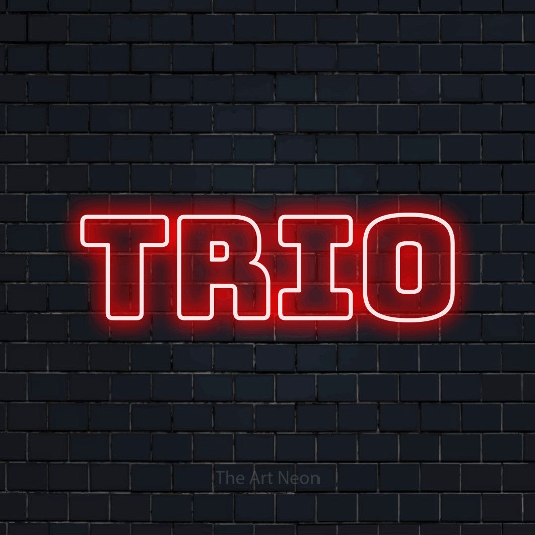 “Trio” LED neon sign in red, with bold outline lettering, shown against a dark navy brick wall.