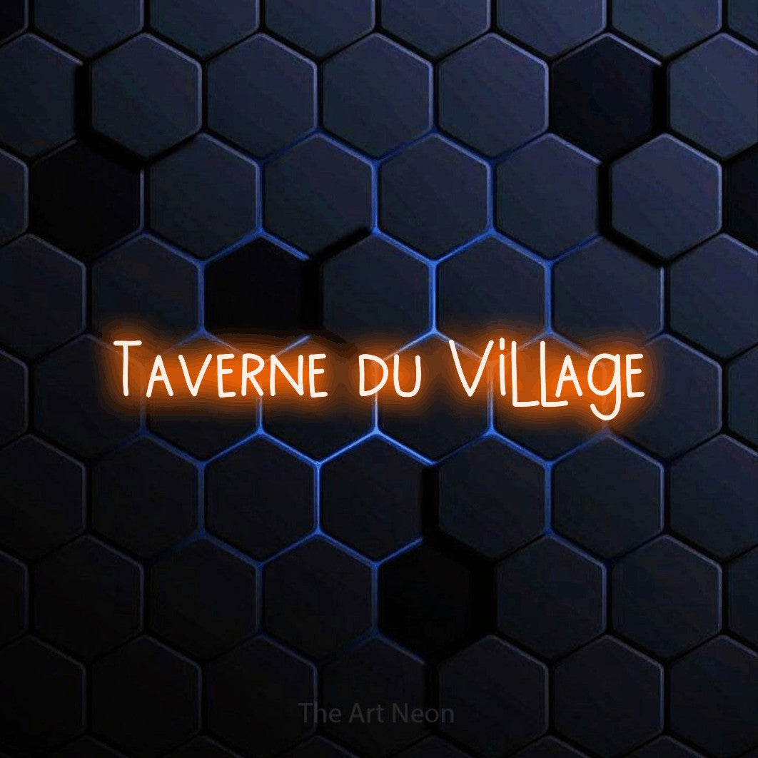 “Taverne du village” LED neon sign in orange, with narrow hand-drawn lettering, shown against a dark blue honeycomb pattern.