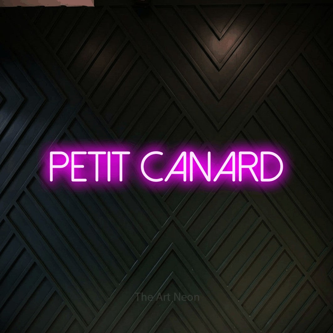“Petit canard” LED neon sign in pink, with thin sans-serif lettering, shown against a black chevron-patterned wood wall.