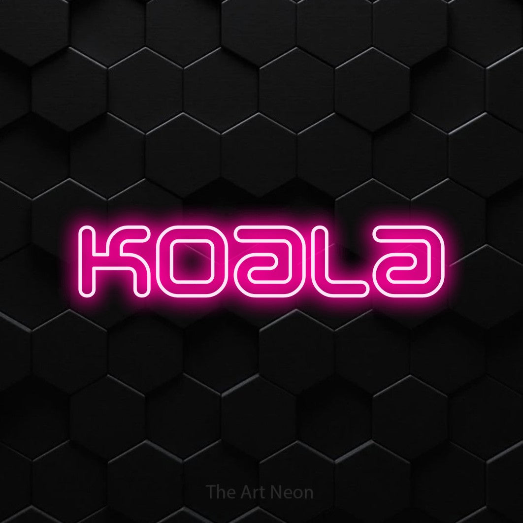 “Koala” LED neon sign in hot pink, with futuristic double-line lettering, shown against black hexagonal wall tiles.