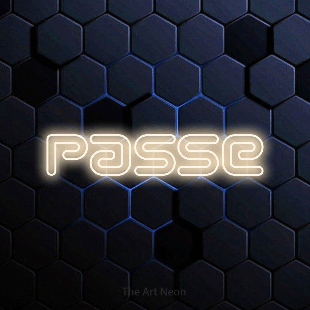 “Passe” LED neon sign in warm white, with futuristic double-line lettering, shown against a dark blue honeycomb pattern.