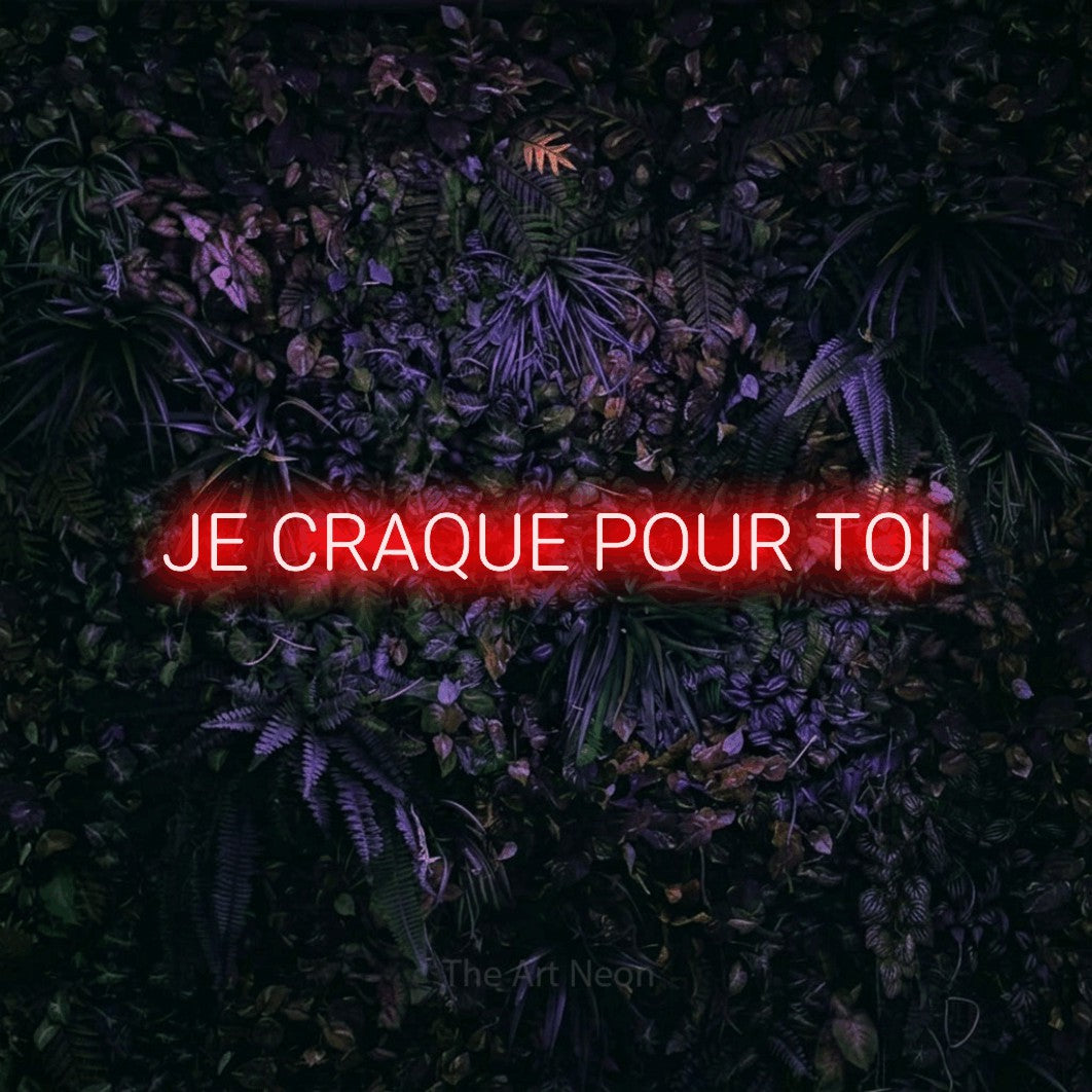 Enseigne néon LED « Je craque pour toi » en rouge, en lettres sans empattement arrondies, présentée sur un mur sombre aux fleurs violettes, pour un décor romantique.