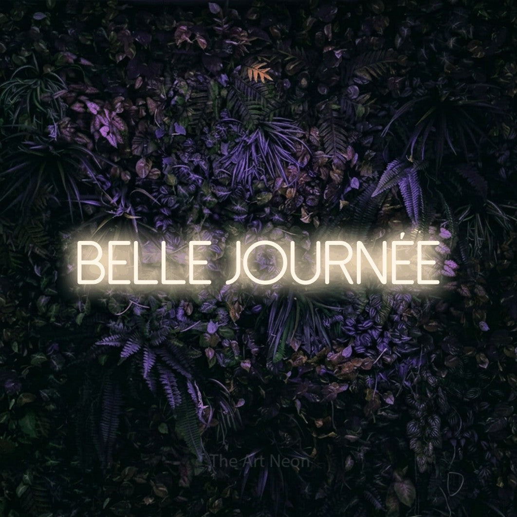 “Belle journée” LED neon sign in warm white, with thin sans-serif lettering, shown against a dark wall with purple flowers.