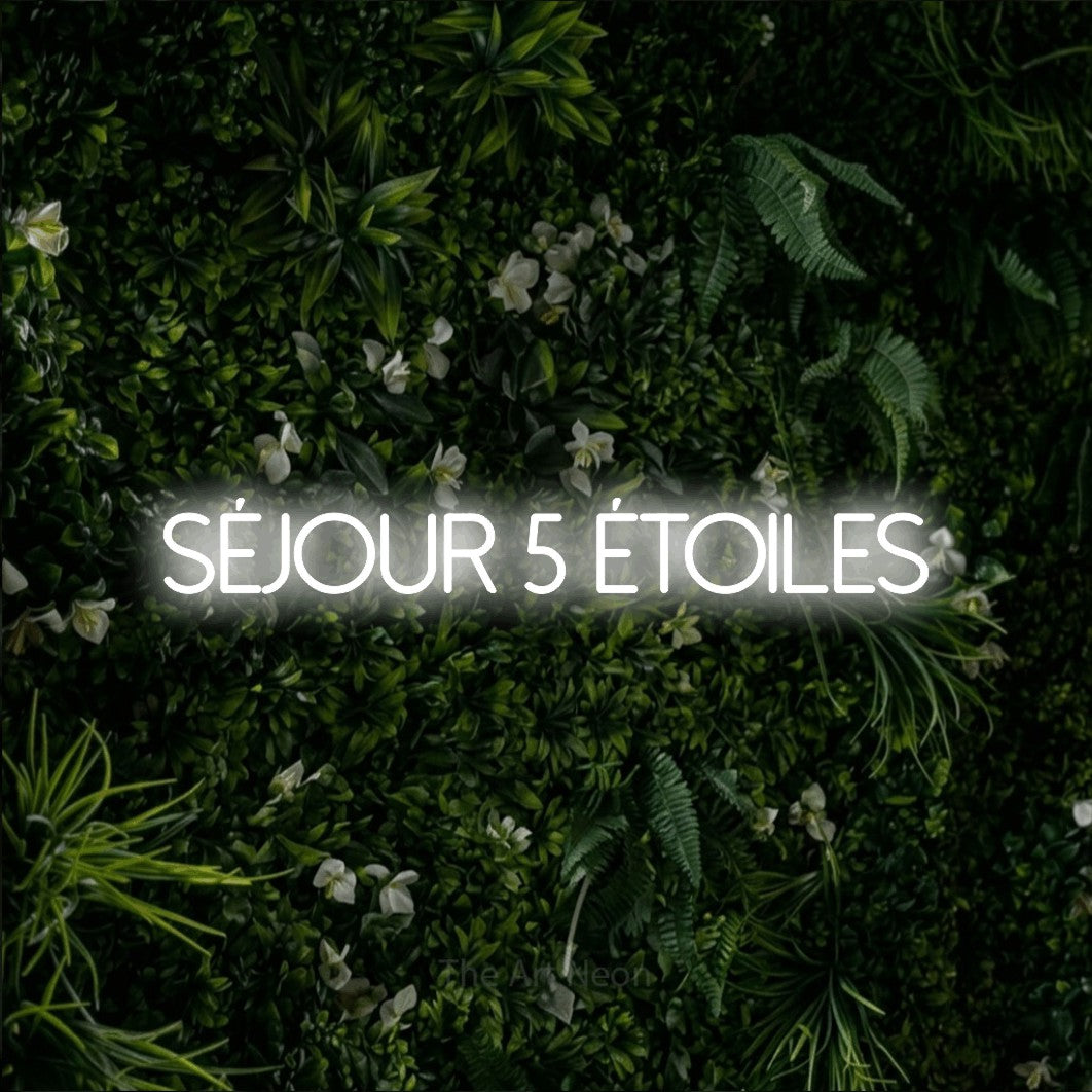 “Séjour 5 étoiles” LED neon sign in cool white, with thin sans-serif lettering, shown against a dense green plant wall.
