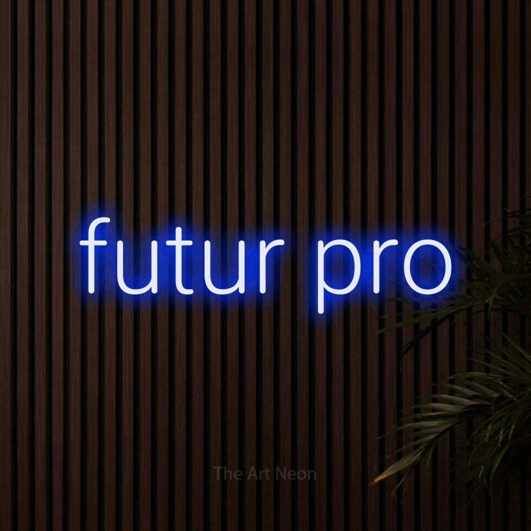 “Futur pro” LED neon sign in blue, with rounded sans-serif lettering, shown against dark wooden wall slats.