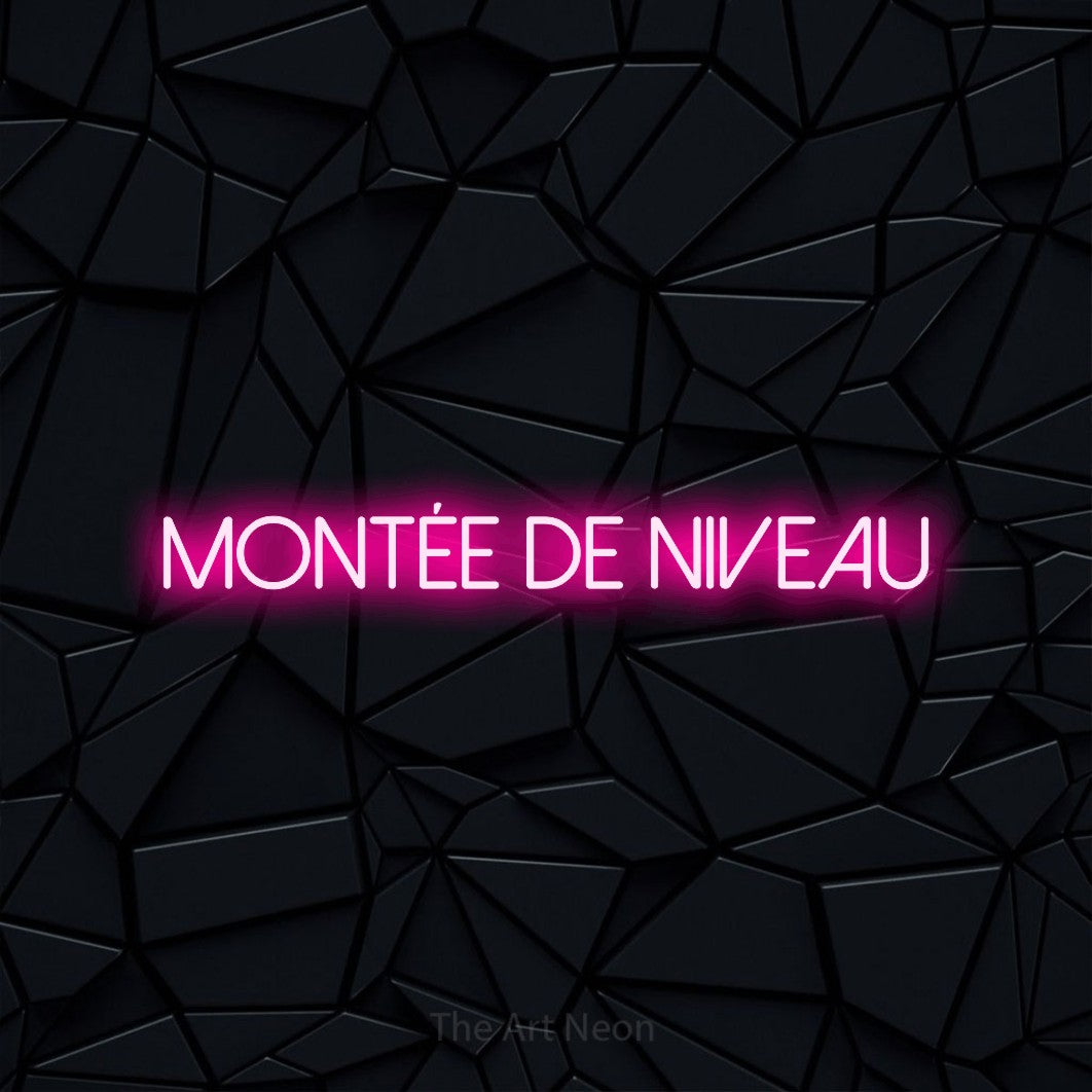 “Montée de niveau” LED neon sign in hot pink, with thin sans-serif lettering, shown against a black polygonal surface.