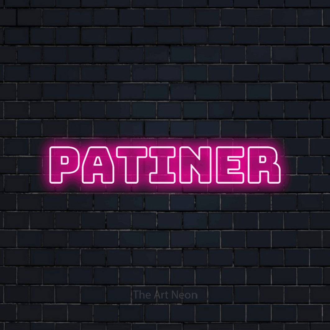 “Patiner” LED neon sign in hot pink, with bold outline lettering, shown against a dark navy brick wall.