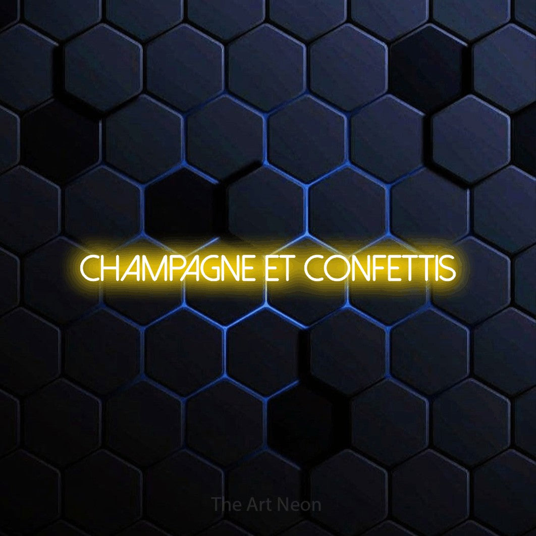 “Champagne et confettis” LED neon sign in yellow, with thin sans-serif lettering, shown against a dark blue honeycomb pattern.