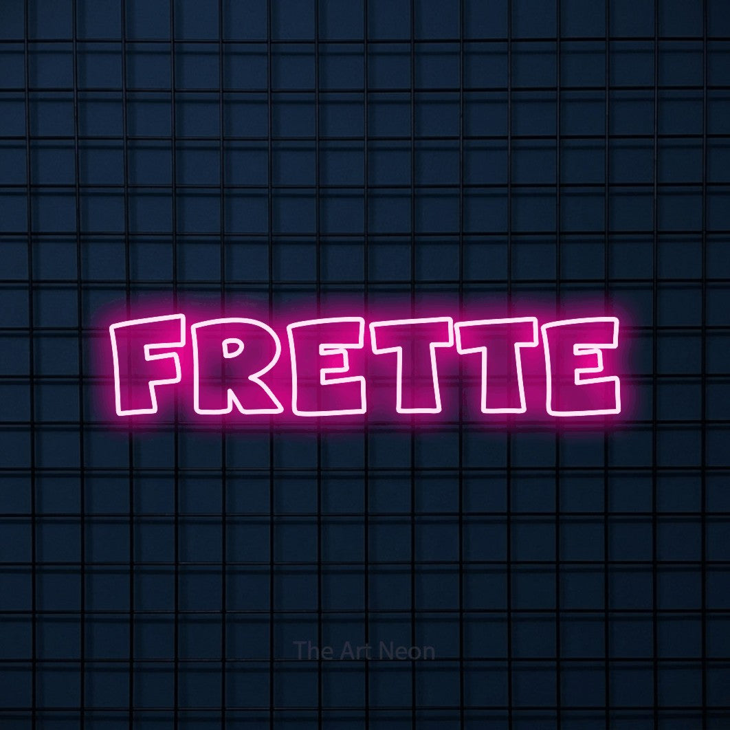 “Frette” LED neon sign in hot pink, with wide lettering with irregular outlines, shown against a dark blue grid.