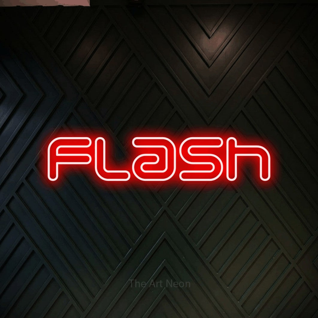“Flash” LED neon sign in red, with futuristic double-line lettering, shown against a black chevron-patterned wood wall.