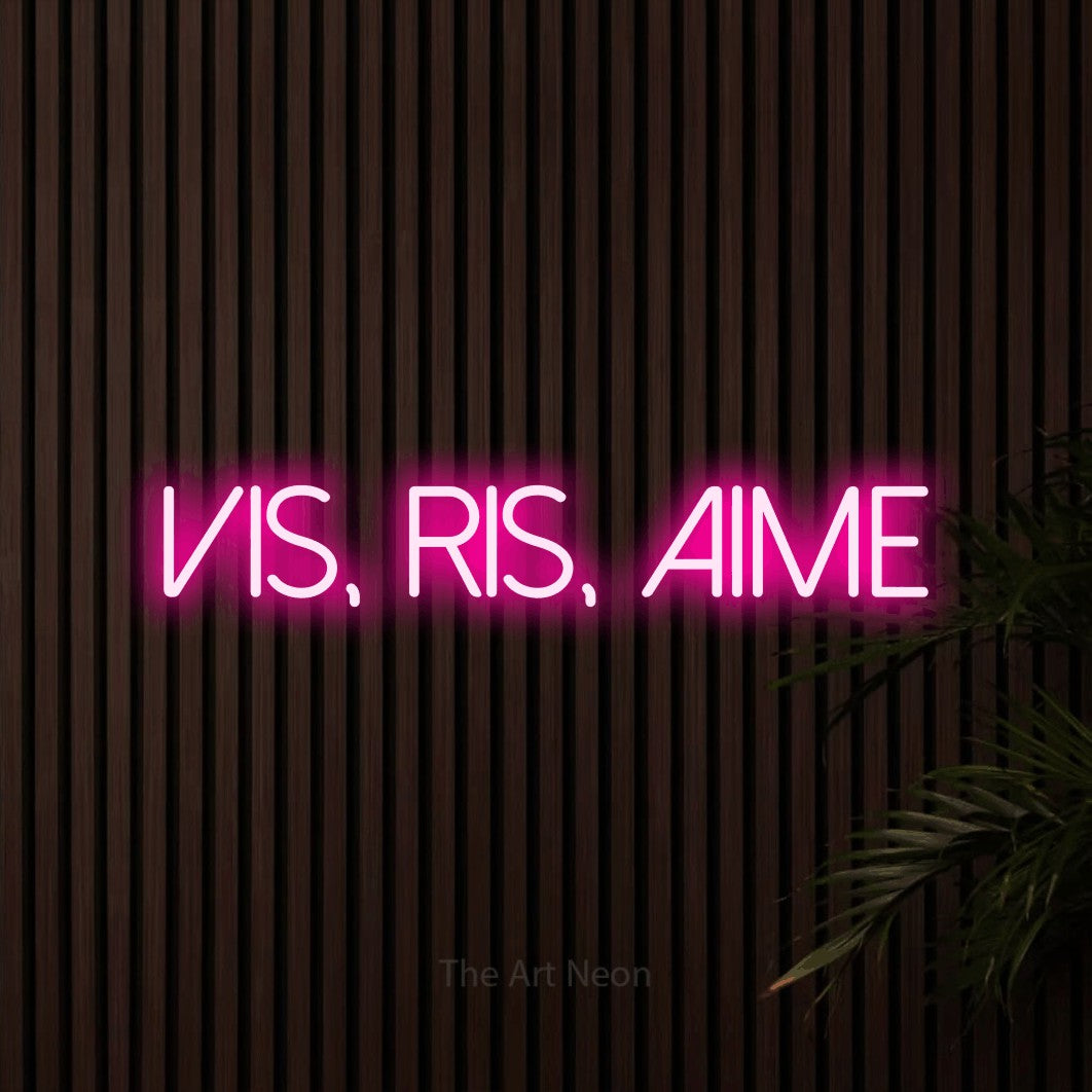 “Vis, ris, aime” LED neon sign in hot pink, with thin sans-serif lettering, shown against dark wooden wall slats.