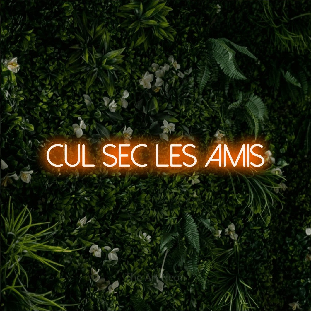 “Cul sec les amis” LED neon sign in orange, with thin sans-serif lettering, shown against a dense green plant wall.