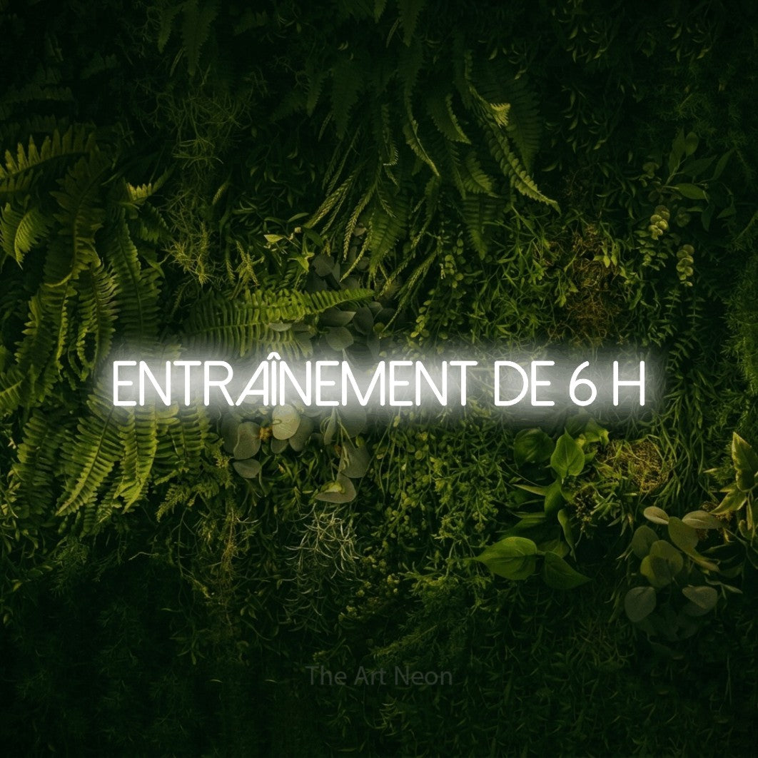 “Entraînement de 6 h” LED neon sign in cool white, with thin sans-serif lettering, shown against a dark moss and forest backdrop.