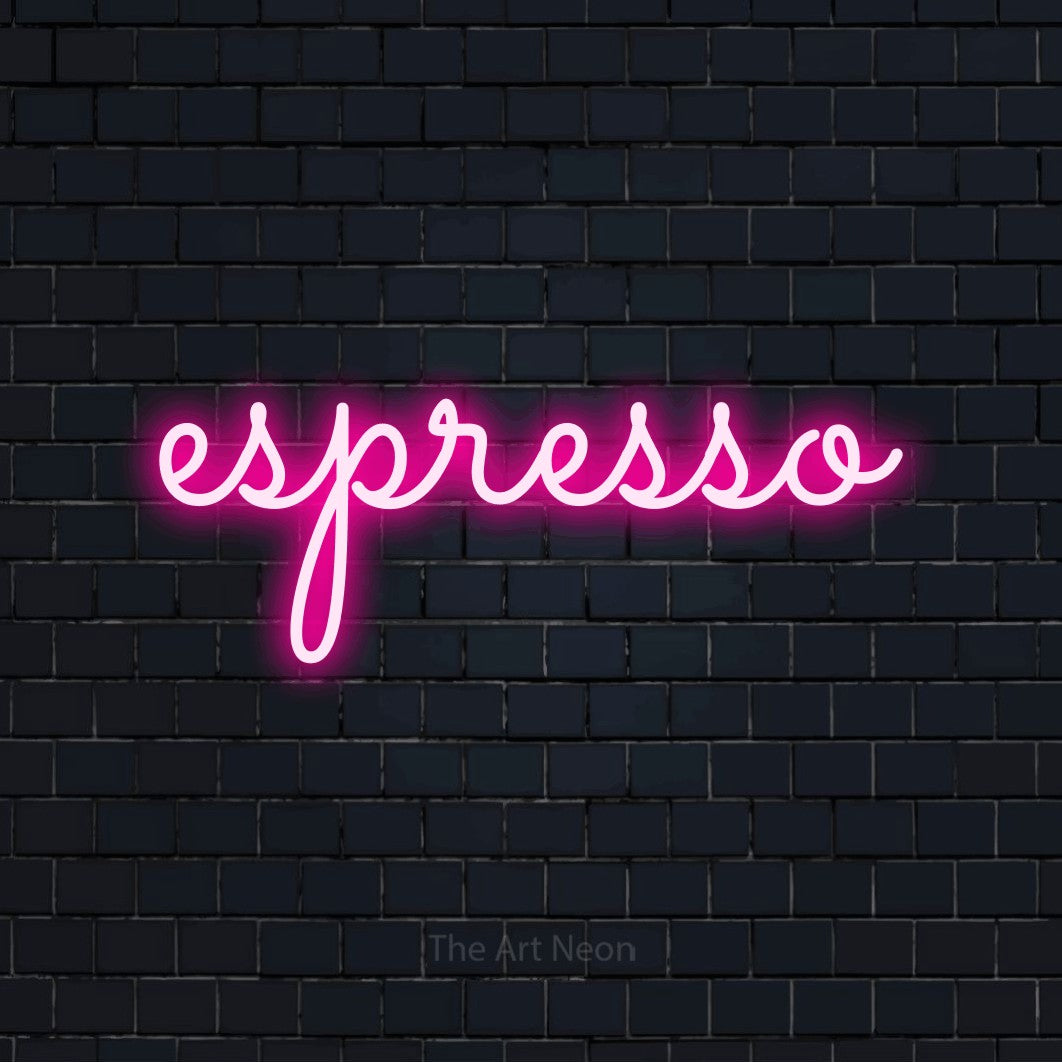 “Espresso” LED neon sign in hot pink, with looped cursive lettering, shown against a dark navy brick wall.