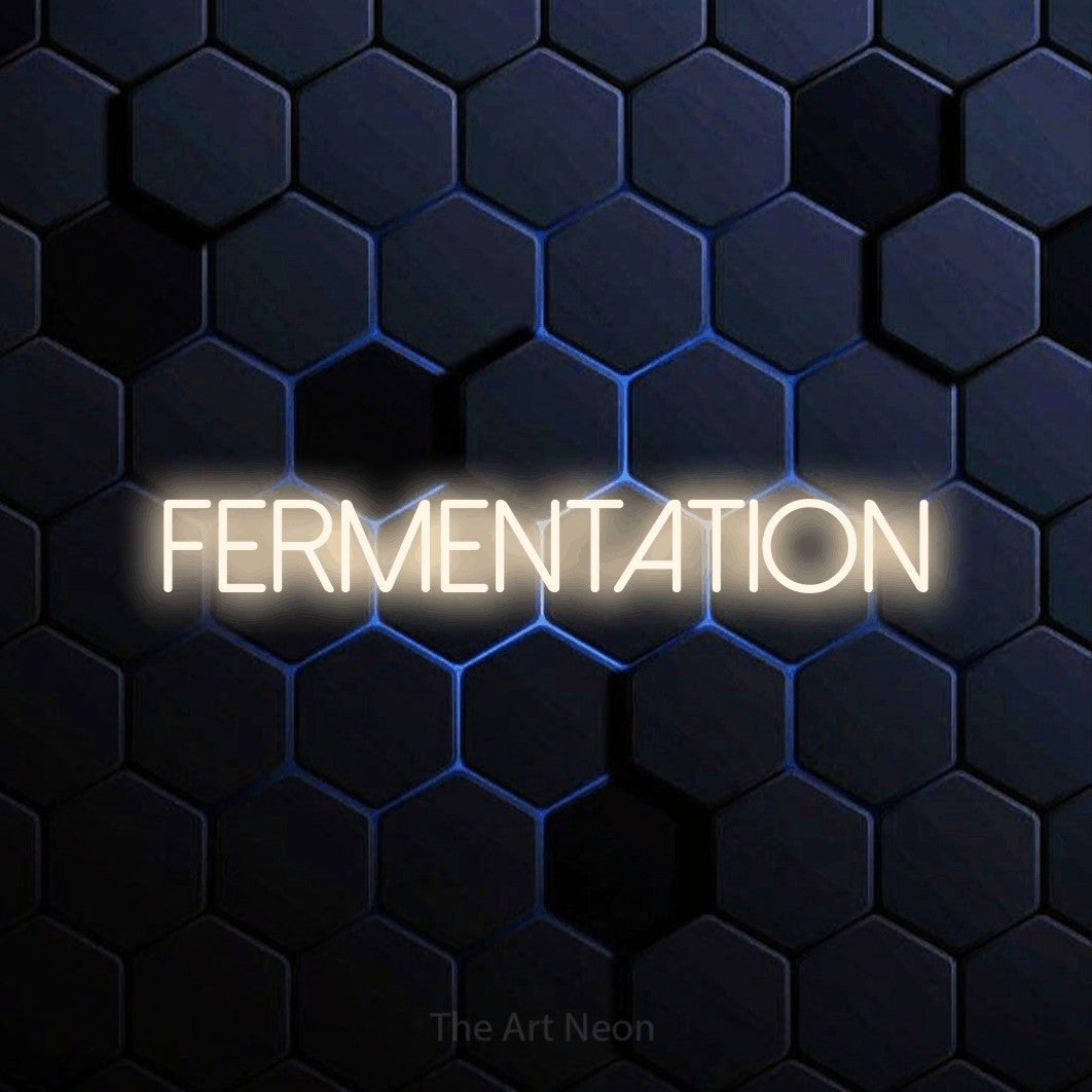 “Fermentation” LED neon sign in warm white, with thin sans-serif lettering, shown against a dark blue honeycomb pattern.