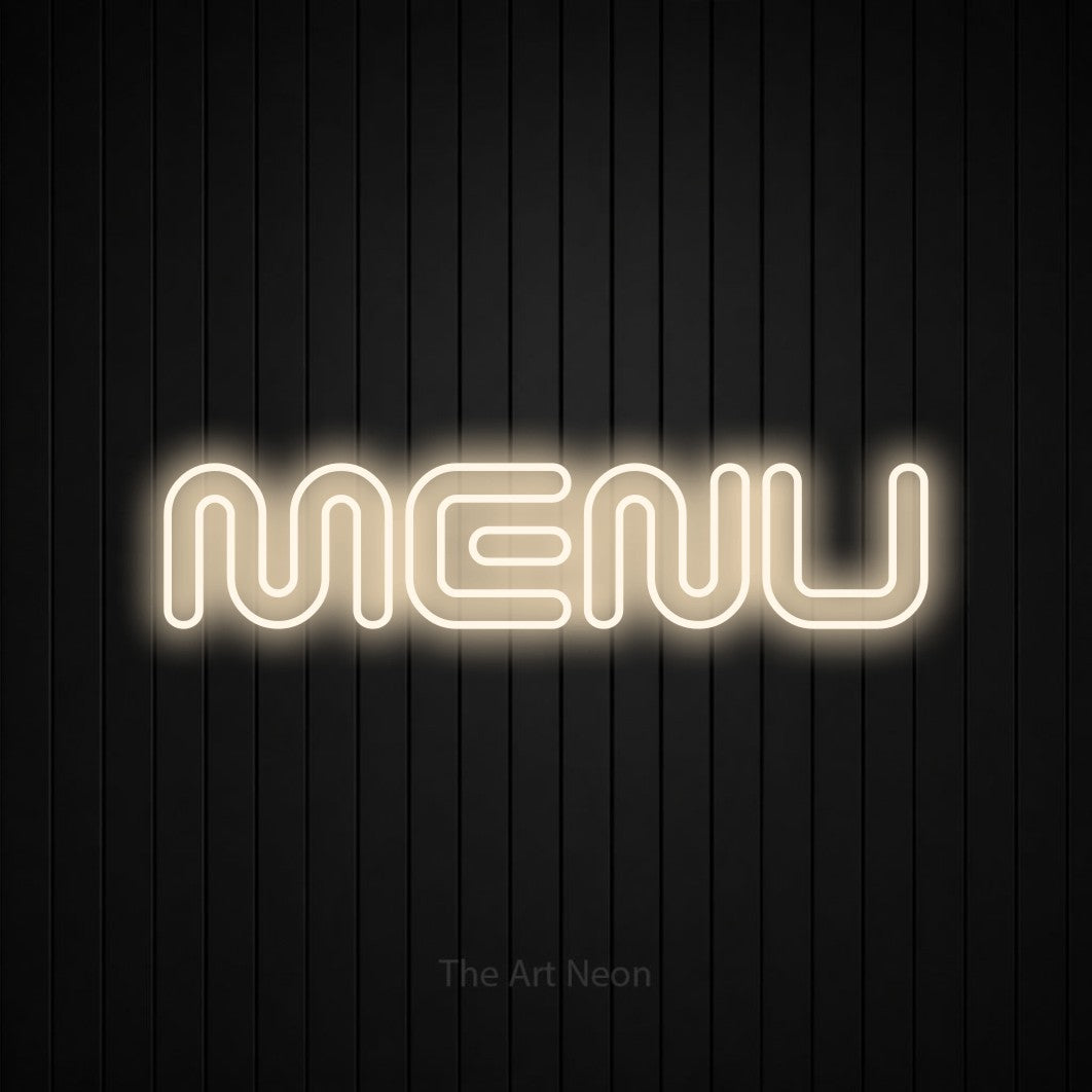 “Menu” LED neon sign in warm white, with futuristic double-line lettering, shown against black vertical wall slats.