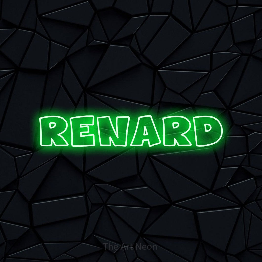 “Renard” LED neon sign in green, with wide lettering with irregular outlines, shown against a black polygonal surface.