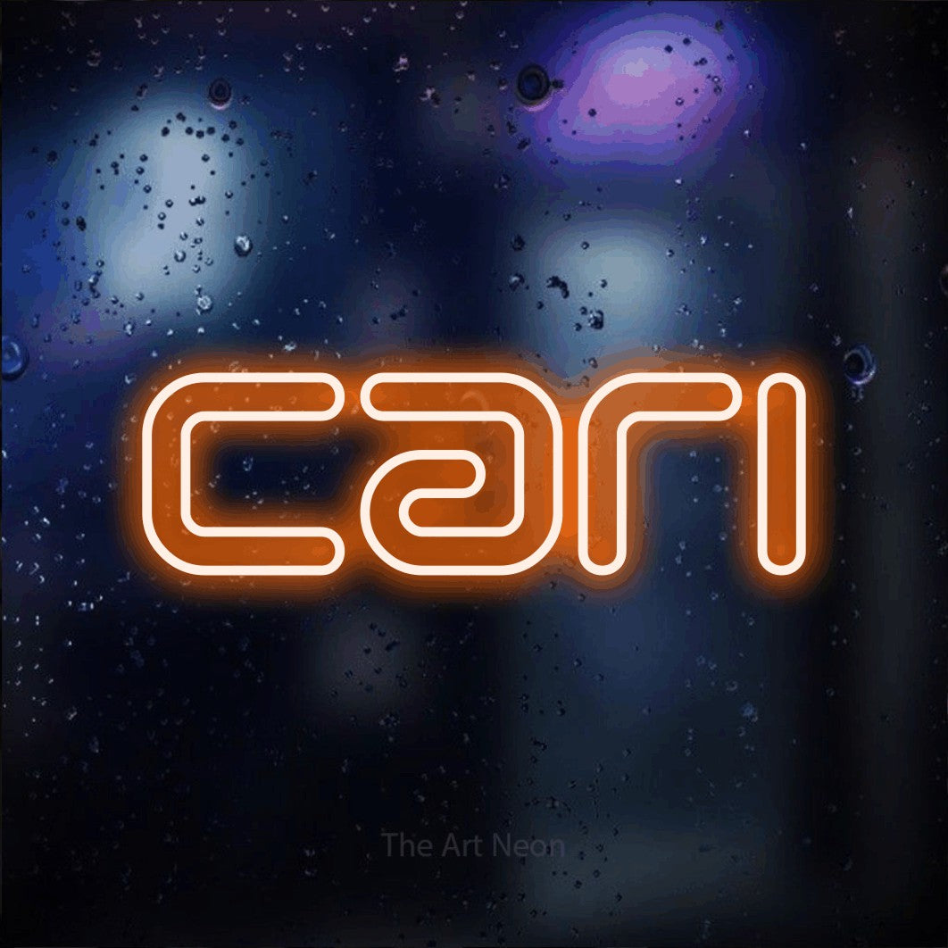 “Cari” LED neon sign in orange, with futuristic double-line lettering, shown against glass with blue and purple reflections.