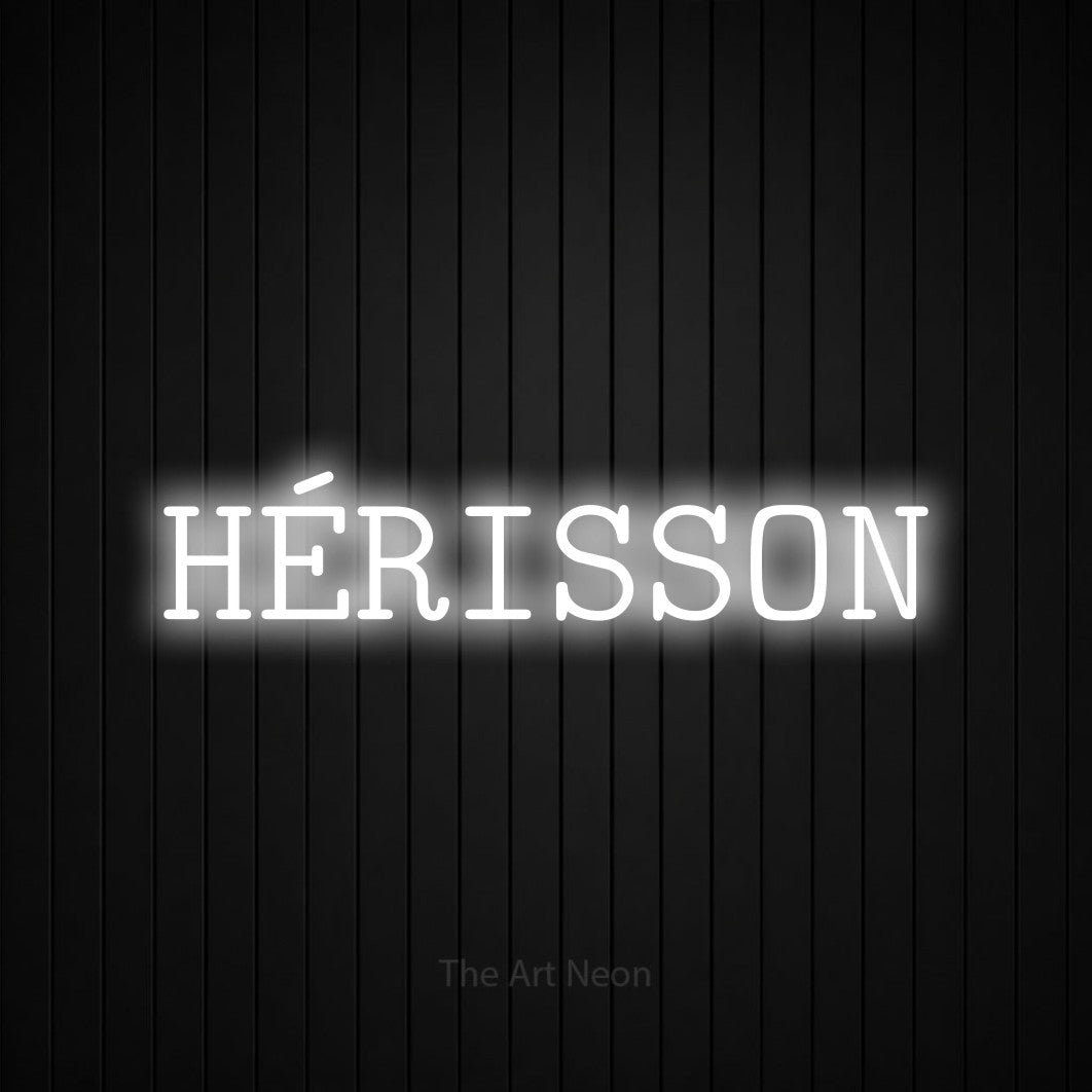 “Hérisson” LED neon sign in cool white, with typewriter-style lettering, shown against black vertical wall slats.