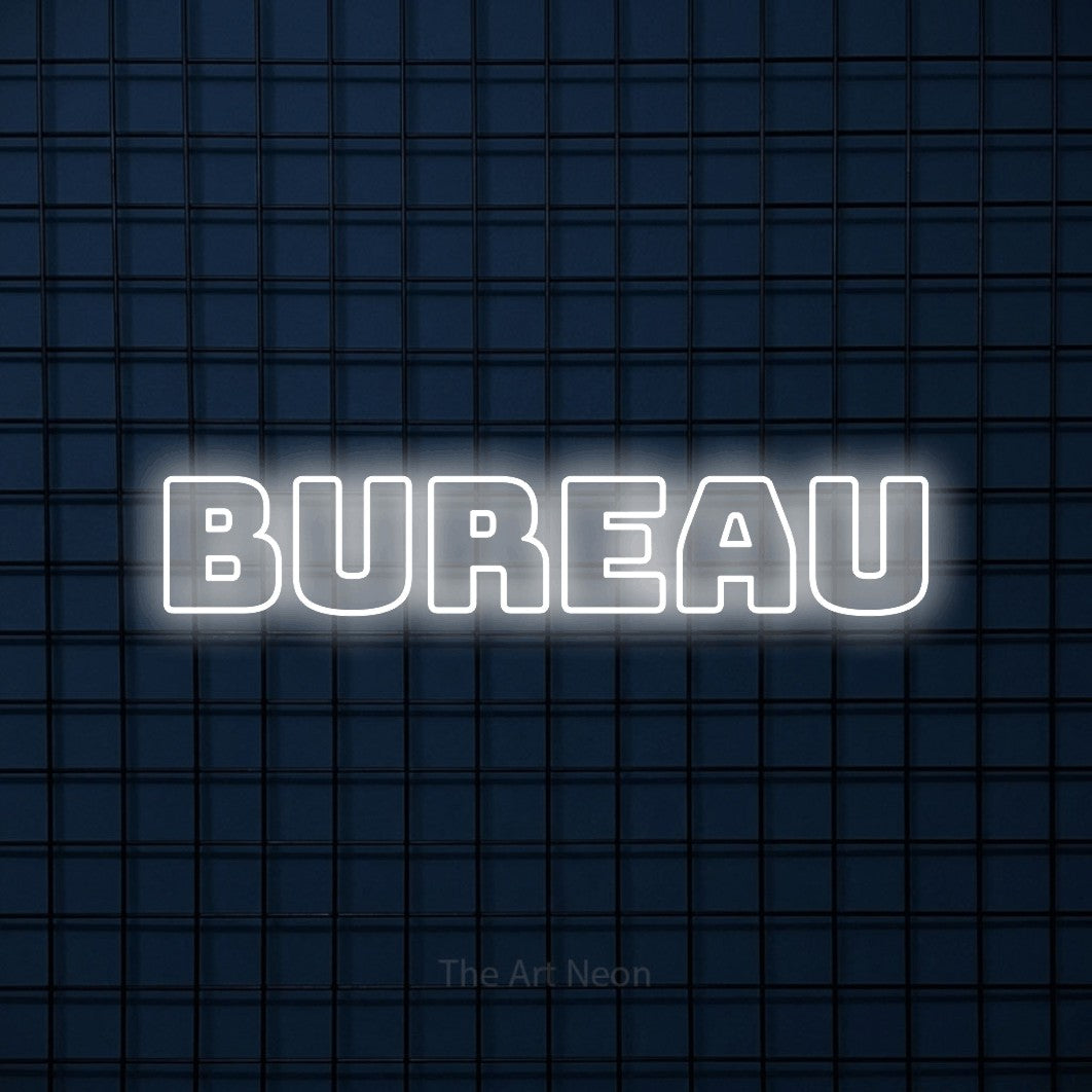 “Bureau” LED neon sign in cool white, with bold outline lettering, shown against a dark blue grid.