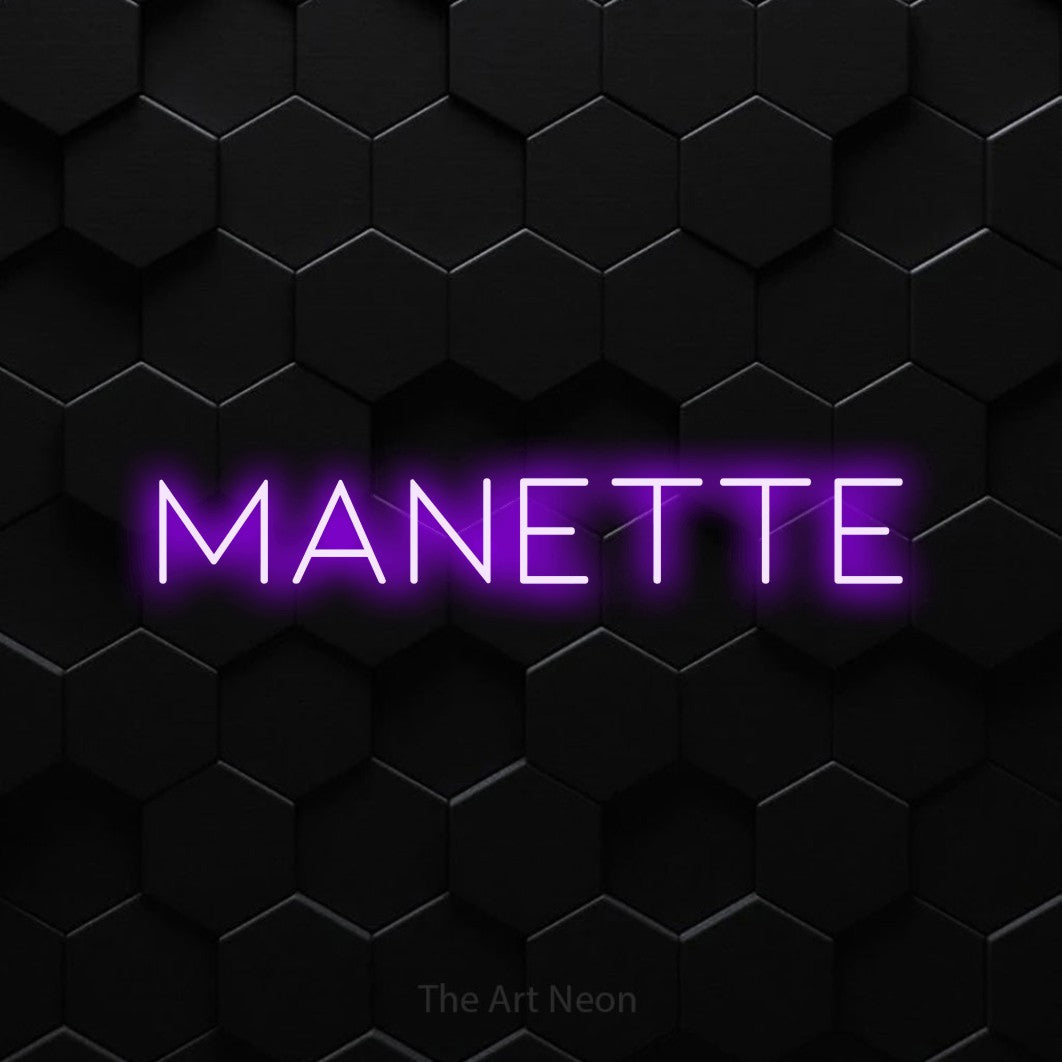 “Manette” LED neon sign in purple, with thin, widely spaced lettering, shown against black hexagonal wall tiles.
