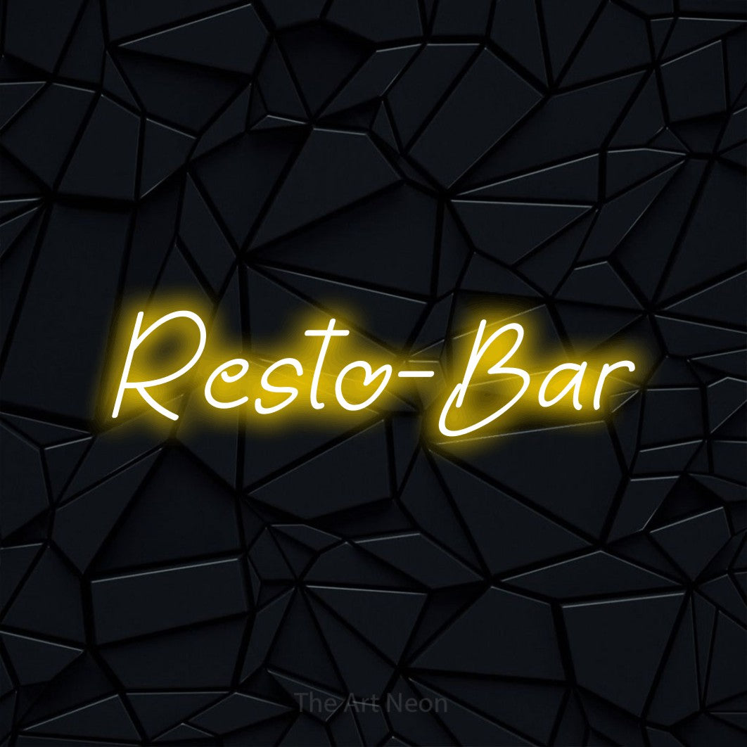 “Resto-bar” LED neon sign in yellow, with slanted handwritten lettering, shown against a black polygonal surface.