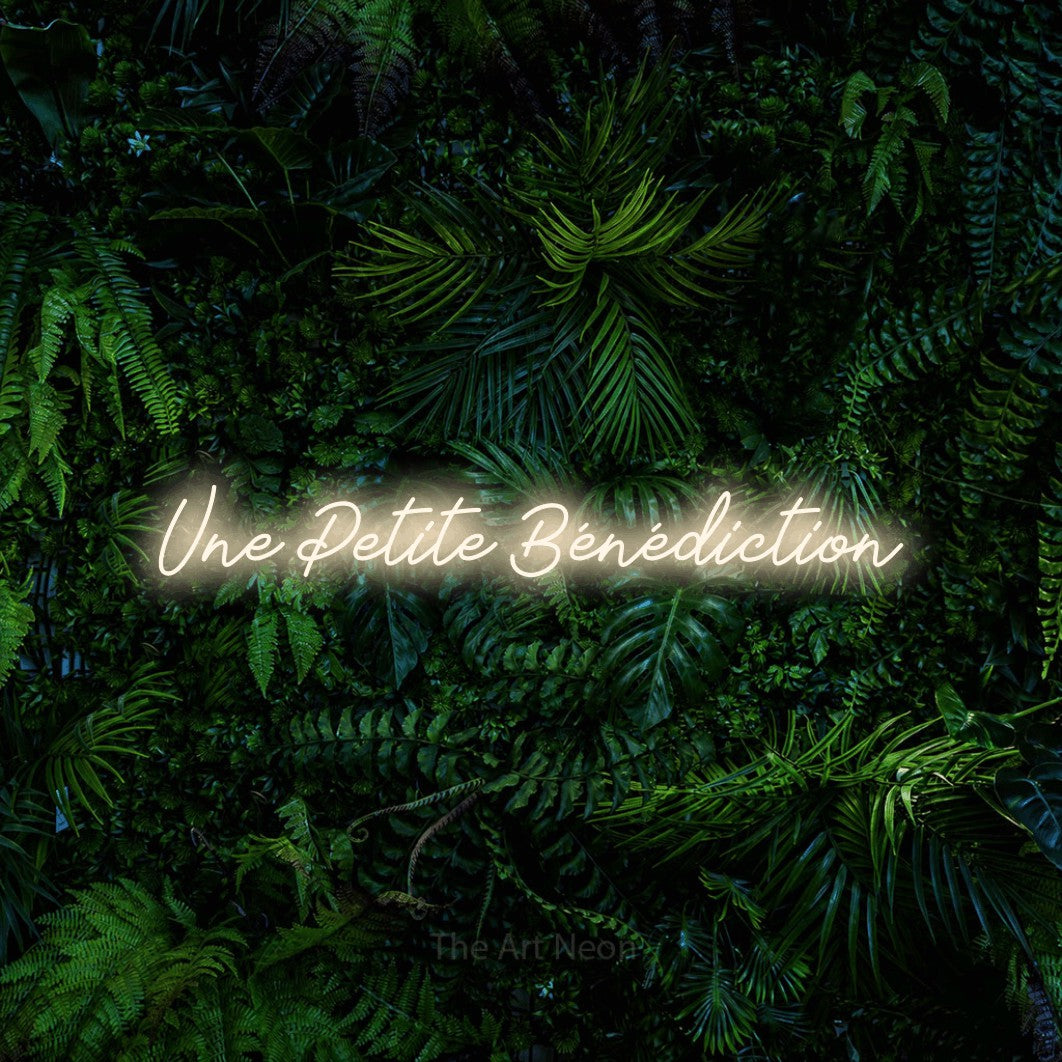 “Une petite bénédiction” LED neon sign in warm white, with cursive lettering, shown against dense tropical foliage.