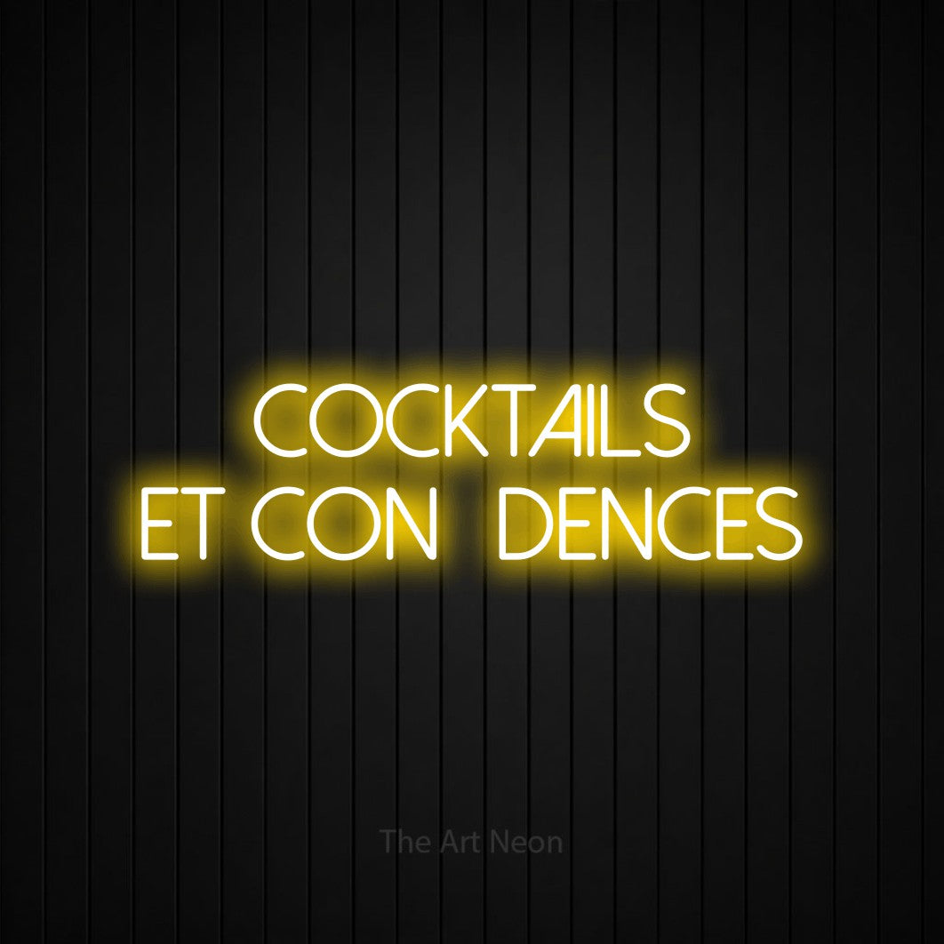 “Cocktails et confidences” LED neon sign in yellow, with thin sans-serif lettering across 2 lines, shown against black vertical wall slats.