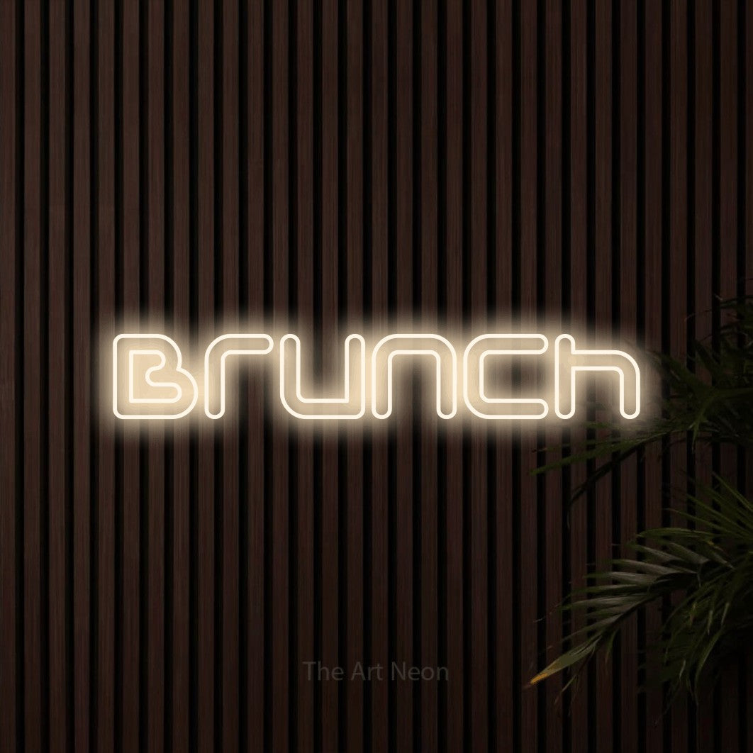 “Brunch” LED neon sign in warm white, with futuristic double-line lettering, shown against dark wooden wall slats.