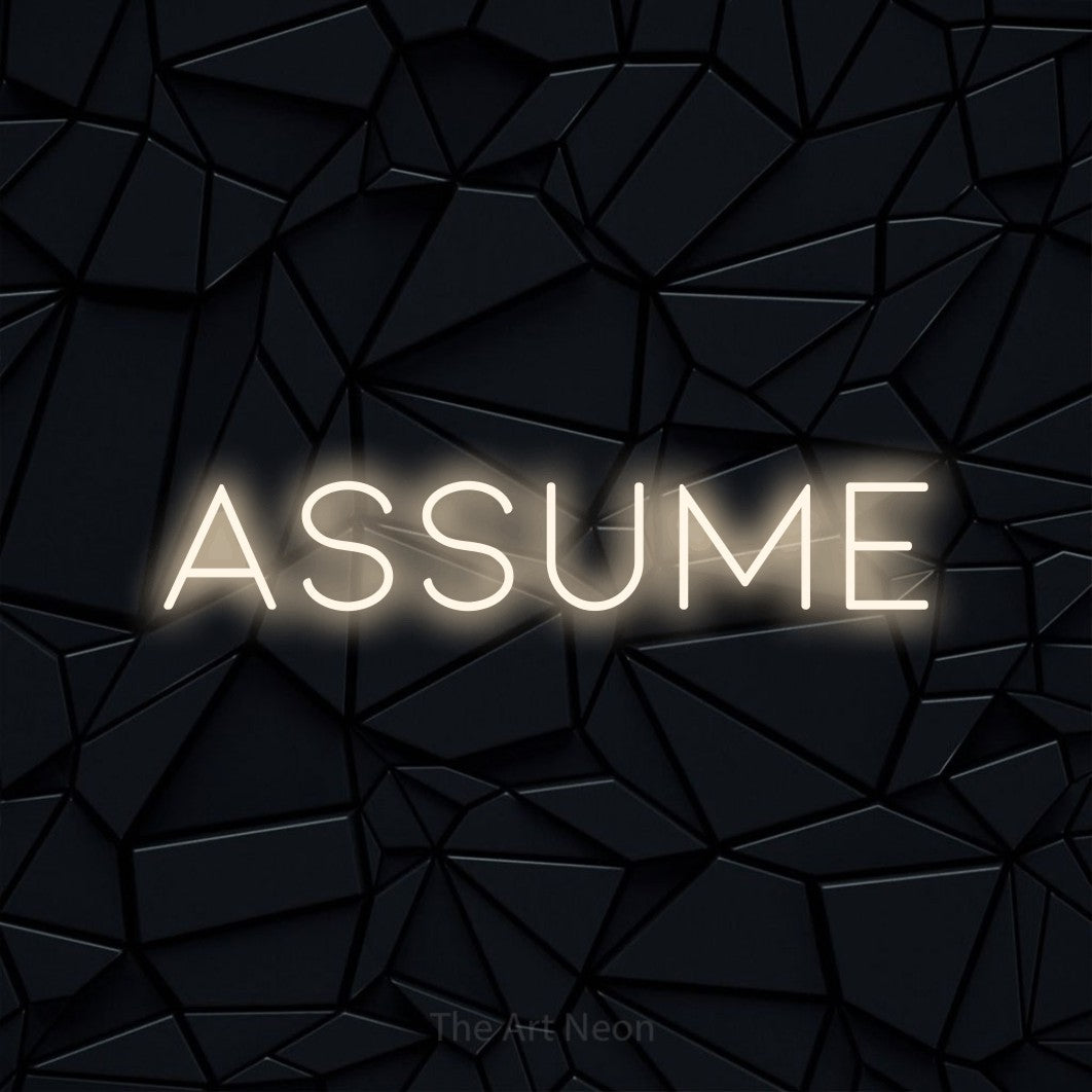 “Assume” LED neon sign in warm white, with thin, widely spaced lettering, shown against a black polygonal surface.