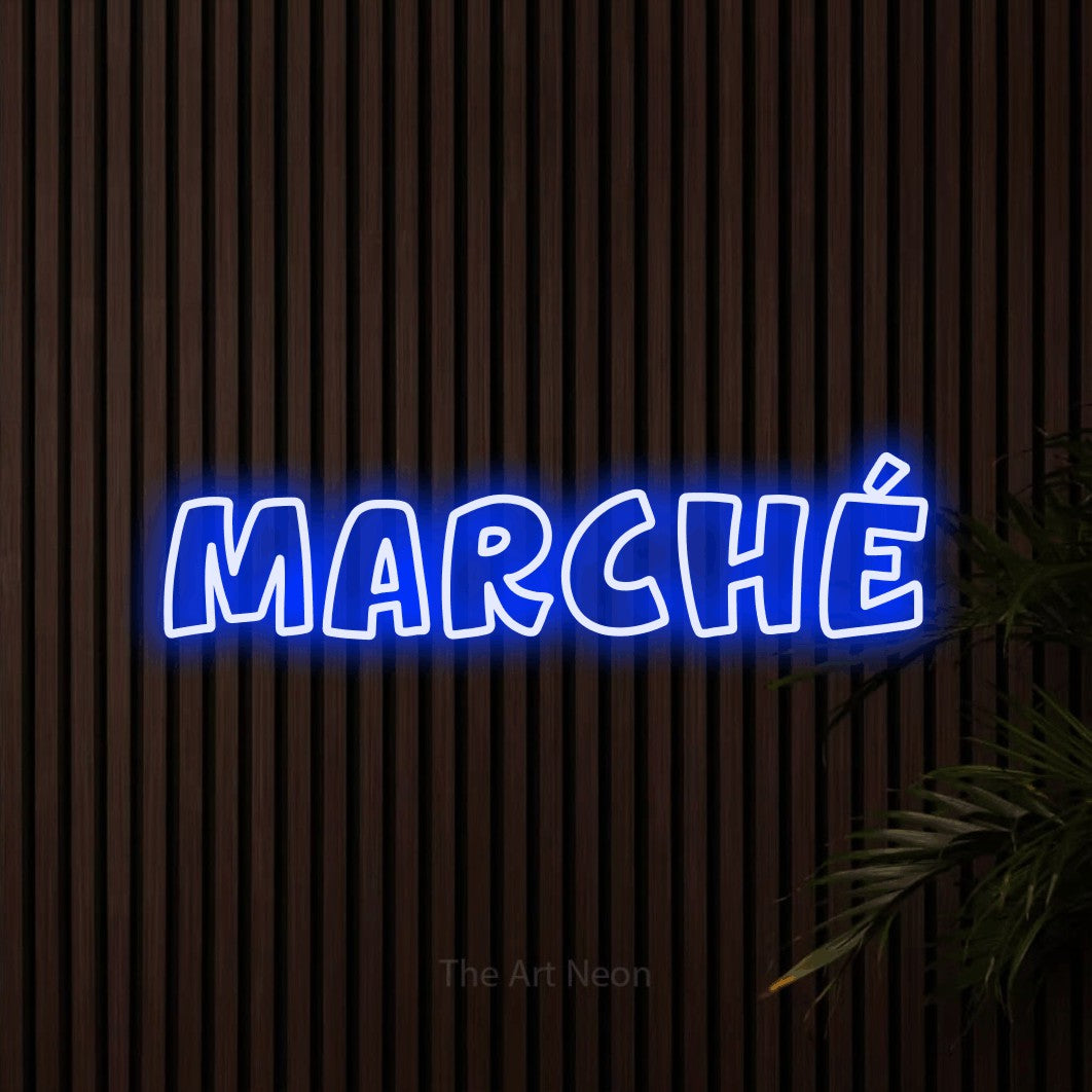 “Marché” LED neon sign in blue, with rounded outline lettering, shown against dark wooden wall slats.