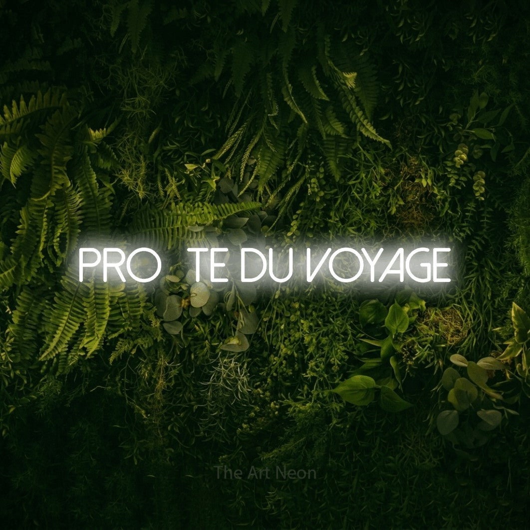 “Profite du voyage” LED neon sign in cool white, with thin sans-serif lettering, shown against a dark moss and forest backdrop.