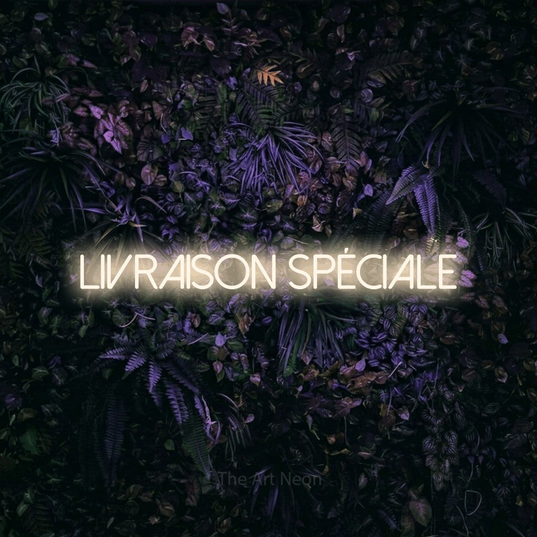 “Livraison spéciale” LED neon sign in warm white, with thin sans-serif lettering, shown against a dark wall with purple flowers.