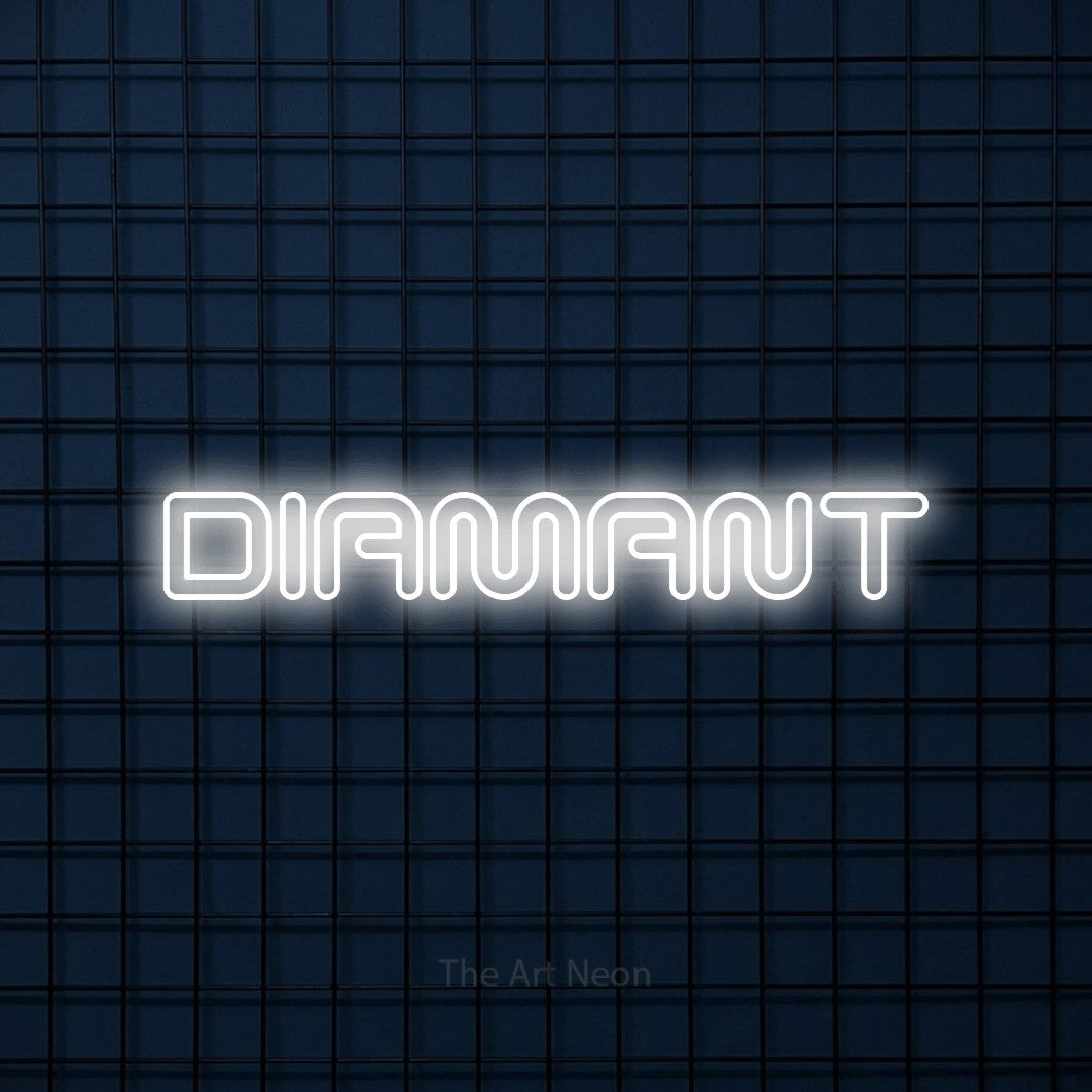 “Diamant” LED neon sign in cool white, with futuristic double-line lettering, shown against a dark blue grid.