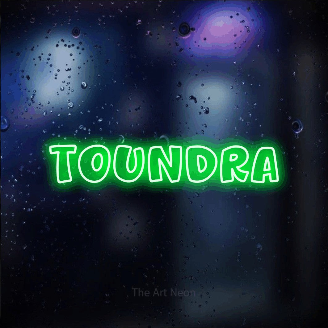 “Toundra” LED neon sign in green, with rounded outline lettering, shown against glass with blue and purple reflections.