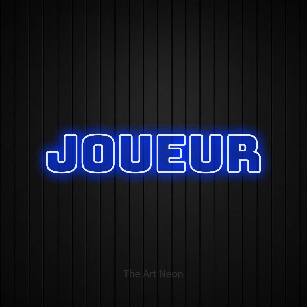 “Joueur” LED neon sign in blue, with bold outline lettering, shown against black vertical wall slats.