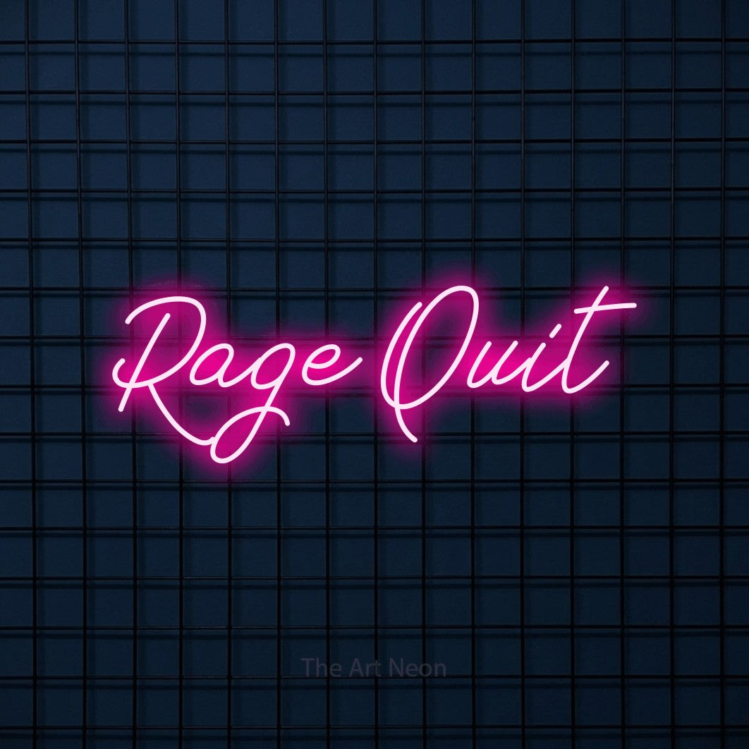 “Rage quit” LED neon sign in hot pink, with cursive lettering, shown against a dark blue grid.