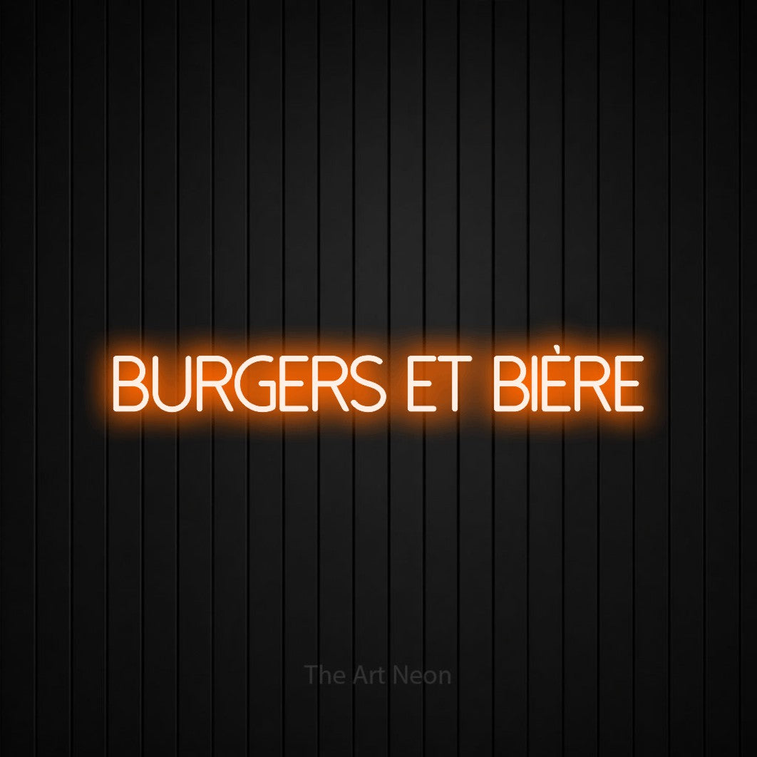 “Burgers et bière” LED neon sign in orange, with thin sans-serif lettering, shown against black vertical wall slats.