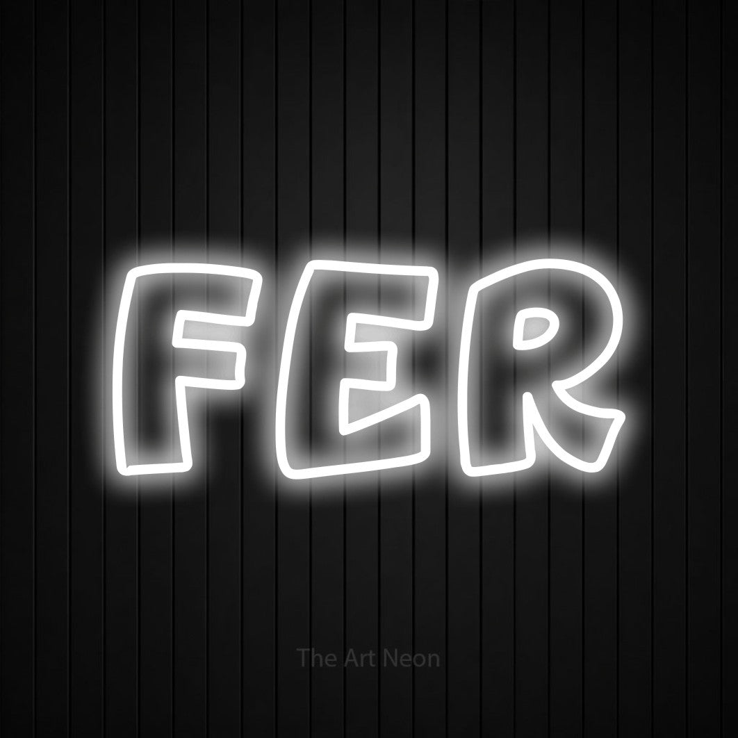 “Fer” LED neon sign in cool white, with rounded outline lettering, shown against black vertical wall slats.